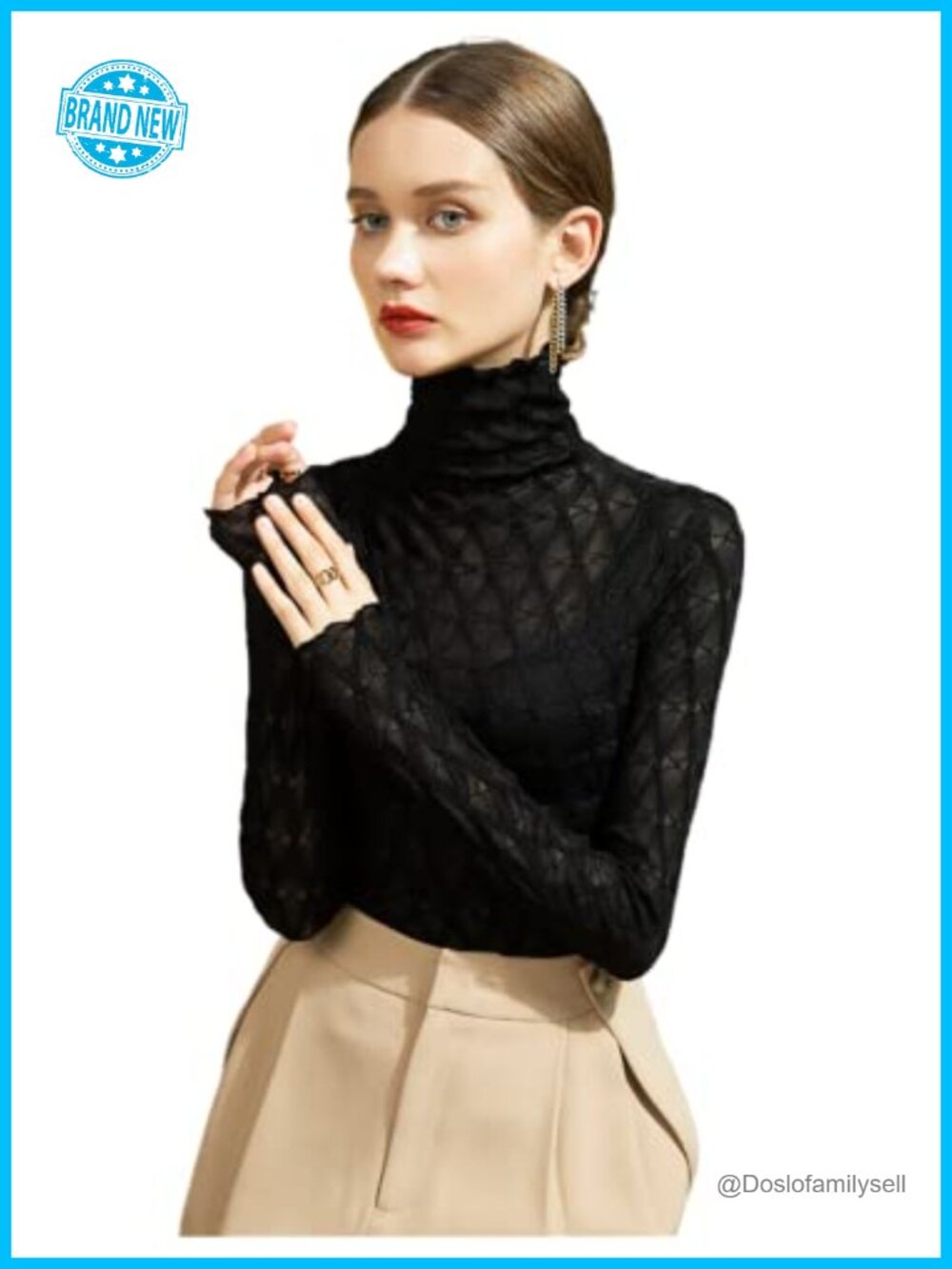 Women's Long Sleeve Sheer Mesh Lace Turtleneck Top See Through Blouse